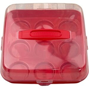 Cupcake Carrier 9.5x9.5 Red 9 Slot Muffin Holder Snap Lid Handle Case